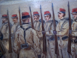 Painting French soldiers excercise. signed M.Millot. Schilderij in lijst olieverf op hout of karton, zeer decoratief leuke voorstelling.34 bij 27 cm.