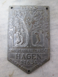 German tinnie, rally badge, Duitse tinnie,H.J. Blut und Ehre, Oberbannaufmarsch Hagen 24-6-34 Oberbann sauerland without pin with 3 holes to sew it on the uniform zonder pin.