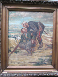 Military painting, 2 wounded soldiers. Militair schilderij van 2 Gewonden soldaten, nationaliteit is niet te herkennen. doch is het zeer artistiek geverfd. in lijst.