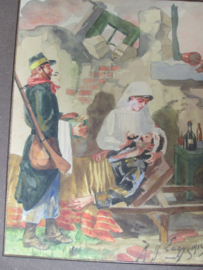 Watercoloured Belgium soldiers and a nurse. signed and dated 1919. Aquarel van 2 Belgische soldaten, waarvan 1 verzorgd word door een verpleegster, zeer realistisch stuk gesigneerd 1919.