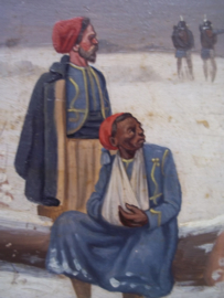 Painting small size 17 bij 14 cm by Christiaan Sell, very famous. Schilderij op hout gevangen koloniale soldaten TOP