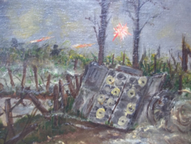 Painting oil on canvas, signed by a battlefield artist. Schilderij Franse artilleriestelling in WO1 word aangevallen, gesigneerd TOP