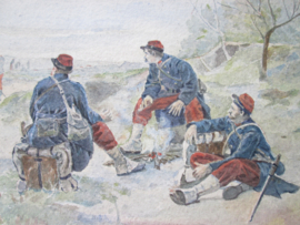 water- coloured painting of three French soldiers and their campfire WW1. Aquarel, 3 Franse soldaten bij het kampvuur, mooi schets met heldere kleuren TOT stukje.
