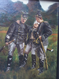Schilderij olie op canvas gesigneerd J.ROMEIN  --  A mon ami Max. afmeting met lijst 37 x 31 cm.  3 Ulanen waarvan 1 gewond, word gedragen op een geweer. 3e Garde regiment Ulanen.
