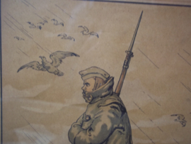 Lijstje met Nederlandse soldaat die de wacht houd, Gedenk onze Soldaten 1918 December 1918. De Hollandse soldaat word herdacht vanwege zijn waakzaamheid tijdens de Eerste Wereldoorlog, die in November 1918 werd beeindigd. Soldaat draagt oud type veldmuts.