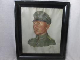 Painting of a german NCO soldier. signed FLECK.  juli  1917. Schilderij ingelijst achter glas Duitse onder- officier, zie gefreiter knöpfen op de kraag en Ijzeren kruis 2r klas lint. zeer net schilderij gesigneerd. nooit uit lijst geweest. 40 x 45 cm.