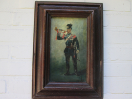 German painting. Schilderij olie op canvas, met houten lijst, Duitse Ulaan met trompet, op de helm het Pruisisch embleem leuk klein schuilderij. 25 bij 35 cm met lijst.