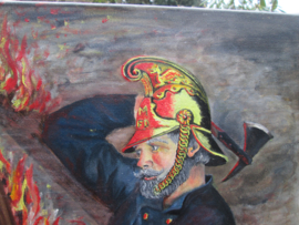 Painting of a fireman in action. Schilderij olieverf op canvas, Engelse brandweerman met merry weather helmet in actie. leuke voorstelling.