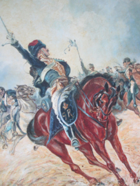 Painting charge of the British Cavalery, nicely painted and signed on hardboard. Schilderij Britse cavalerie in de aanval mooi schilderij op hardboard, gesigneerd met datum 1914.