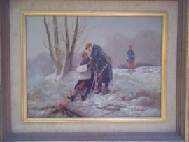 Painting, French officers 1915 Schilderij van Franse officieren die de map bestuderen, tafereel rond 1915 mooi ingelijst  31 - 41 cm ingelijst 45 - 55 cm, zeer decoratief schilder is A.BALQUET.