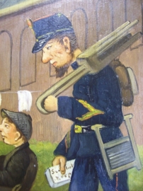 Geschilderd op paneel, mooi militair tafereel, Korporaal Waschhaus mobiliseert 1914.Nederlandse landwacht.