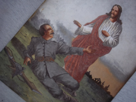 Grafplaat, Duitse soldaat ziet op het slagveld Jezus Christus. gemaakt van emaille, gesigneerd A. Fischer GmbH, München IX. dit soort geemailleerde grafplaten zie je niet vaak zijn vrij zeldzaam, zeer nette staat 35 bij 25 cm.