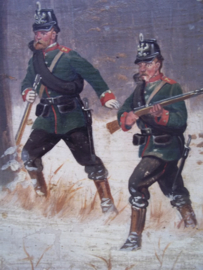 Painting Christiaan Sell, 1870. Schilderij op hout 3 Duitse soldaten TOP, zeer gedetailleerd.  18 bij 15 cm