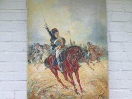 Painting charge of the British Cavalery, nicely painted and signed on hardboard. Schilderij Britse cavalerie in de aanval mooi schilderij op hardboard, gesigneerd met datum 1914.