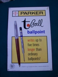 Tin billboard, Parker Pen with tax stamp. Blikken reclameplaat Parker Pen jaren 70