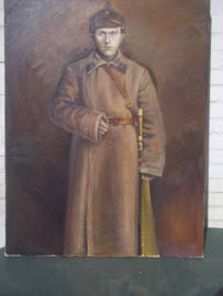 Nieuw schilderij, Russische soldaat met kozakken zwaard en typische muts. groot formaat; 90 bij 70 cm. geschildert rond 1995- 2005..