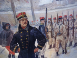 Painting French soldiers excercise. signed M.Millot. Schilderij in lijst olieverf op hout of karton, zeer decoratief leuke voorstelling.34 bij 27 cm.