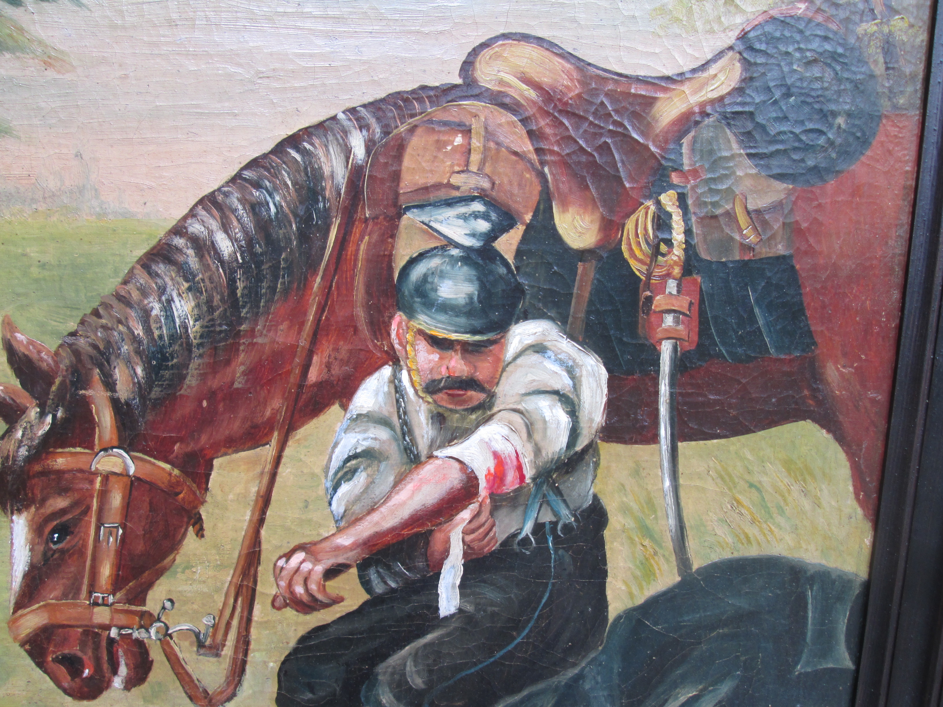 Painting on wood. Schilderij olieverf op paneel gesigneerd H.v.Schaik 1915, Een Ulaan verbind zijn verwonding, mooi apart geschilderd oorlogs tafereel
