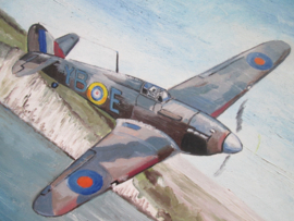 Painting spitfire, Schilderij olie op canvas Spitfire voor de krijtrotsen van Dover  W.Kloet 1986.