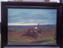 Painting first world war after the battle. Schilderij met als afbeelding een Franse soldaat bij zijn paard. Zeer deskundig geschilderd op canvas, groot formaat
