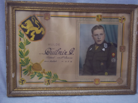 Belgische herinneringslijst van militaire dienstplicht, lanciers regiment, foto met soldaat in uniform, zeer decoratief.