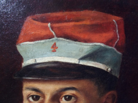 Painting French Hussard. Schilderij olie op canvas  38 bij 46 cm. afgebeeld een Franse Huzaar in atilla met kepie. Koloniale uitvoering. Chasseur de Afrique. 4e regiment 1900-1930 zeer bijzonder schilderij en duidelijk.