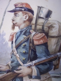 Water- coloured picture of a French soldier 1870-1871, signed A.DUBOUX 1898.Aquarel van een Franse soldaat Frans Duitse oorlog met complete bepakking, 28 bij 22 cm in lijst