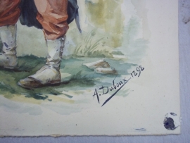 Water- coloured picture of a French soldier 1870-1871, signed A.DUBOUX 1898.Aquarel van een Franse soldaat Frans Duitse oorlog met complete bepakking, 28 bij 22 cm in lijst