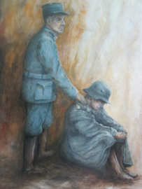 Painting oil on canvas. French officer with a german soldier first world war. Schilderij Franse officier troost een Duitse soldaat na de capitulatie in Nov. 1918. afmeting 60 bij 80 cm.