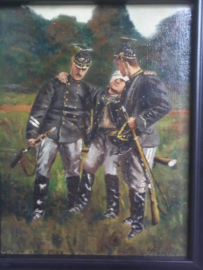 Schilderij olie op canvas gesigneerd J.ROMEIN  --  A mon ami Max. afmeting met lijst 37 x 31 cm.  3 Ulanen waarvan 1 gewond, word gedragen op een geweer. 3e Garde regiment Ulanen.