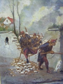 French painting oil on canvas soldiers through the wall.Schilderij olie op doek Originele lijst Franse soldaten kruipen door een nis in de muur, gesigneerd