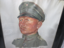 Painting of a german NCO soldier. signed FLECK.  juli  1917. Schilderij ingelijst achter glas Duitse onder- officier, zie gefreiter knöpfen op de kraag en Ijzeren kruis 2r klas lint. zeer net schilderij gesigneerd. nooit uit lijst geweest. 40 x 45 cm.