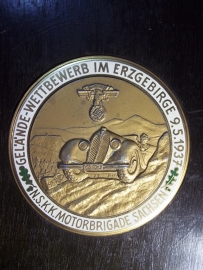 German plaque NSKK, very rare. Duitse plaquette met emaille van de NSKK, diameter 9 cm. NSKK Motorbrigade Sachsen, Gelande Wettbewerbfahrt  in Erzgegirgte 9-5-1937