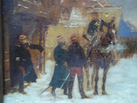 Painting oil on canvas French soldier on horse warns officers.Schilderij olie op doek Franse cavallerist waarschuwt enkele officieren. in originele lijst
