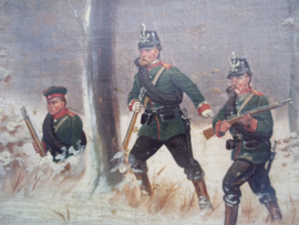 Painting Christiaan Sell, 1870. Schilderij op hout 3 Duitse soldaten TOP, zeer gedetailleerd.  18 bij 15 cm