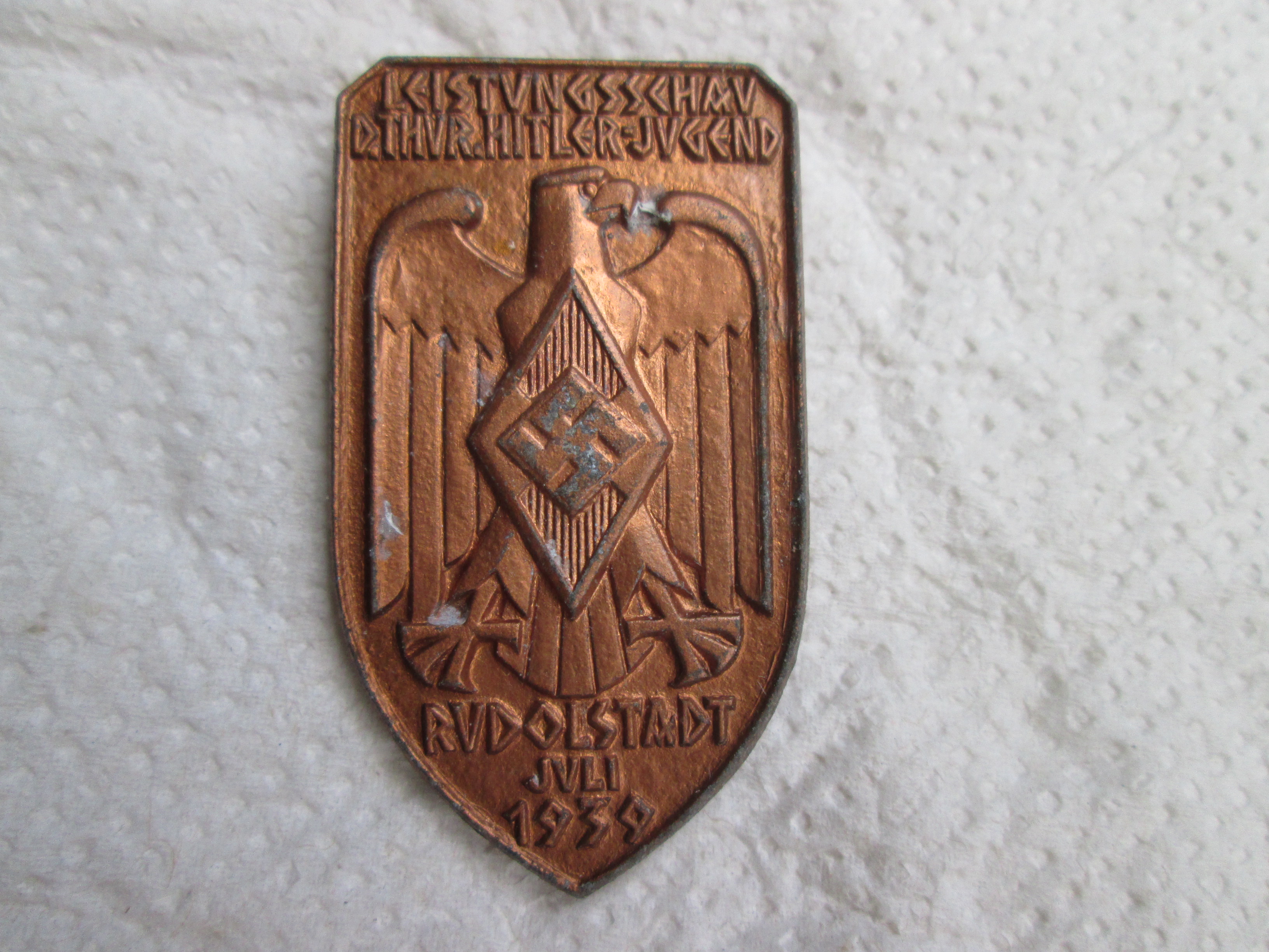 German tinnie, rally badge, Duitse tinnie HJ. Hitler- Jugend Leistungsschau Rudolstadt juli 1936 nicely marked
