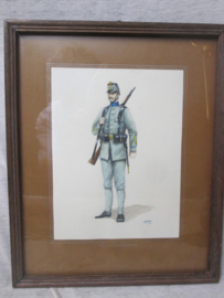 Aquarel Nederlandse soldaat 1912van het 2e Regiment Infanterie, getekend door P.J. de Haas in 1983, mooi ingelijst heldere kleuren, bijzonder stuk.