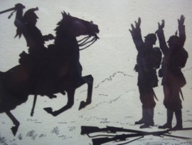 Koperen lijstje, jaren 20- 30 met daarin geknipte silhouetten, bijzondere kunstuiting. het werk heeft als titel PAS KAPOUT en is linksonder gesigneerd. TOP stukje kunstwerk in typisch lijstje.
