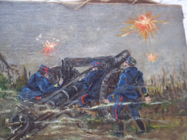 Painting oil on canvas, signed by a battlefield artist. Schilderij Franse artilleriestelling in WO1 word aangevallen, gesigneerd TOP