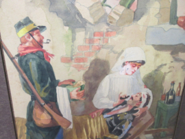 Watercoloured Belgium soldiers and a nurse. signed and dated 1919. Aquarel van 2 Belgische soldaten, waarvan 1 verzorgd word door een verpleegster, zeer realistisch stuk gesigneerd 1919.