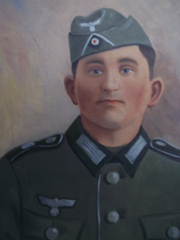 Painting German soldier with M34 fieldcap. Schilderij Duitse soldaat niet gesigneerd, geschilderd op hardboard, zeer gedetailleerd en duidelijk. TOP werk.