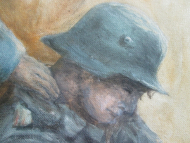 Painting oil on canvas. French officer with a german soldier first world war. Schilderij Franse officier troost een Duitse soldaat na de capitulatie in Nov. 1918. afmeting 60 bij 80 cm.