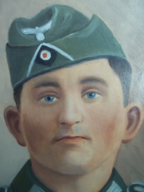 Painting German soldier with M34 fieldcap. Schilderij Duitse soldaat niet gesigneerd, geschilderd op hardboard, zeer gedetailleerd en duidelijk. TOP werk.
