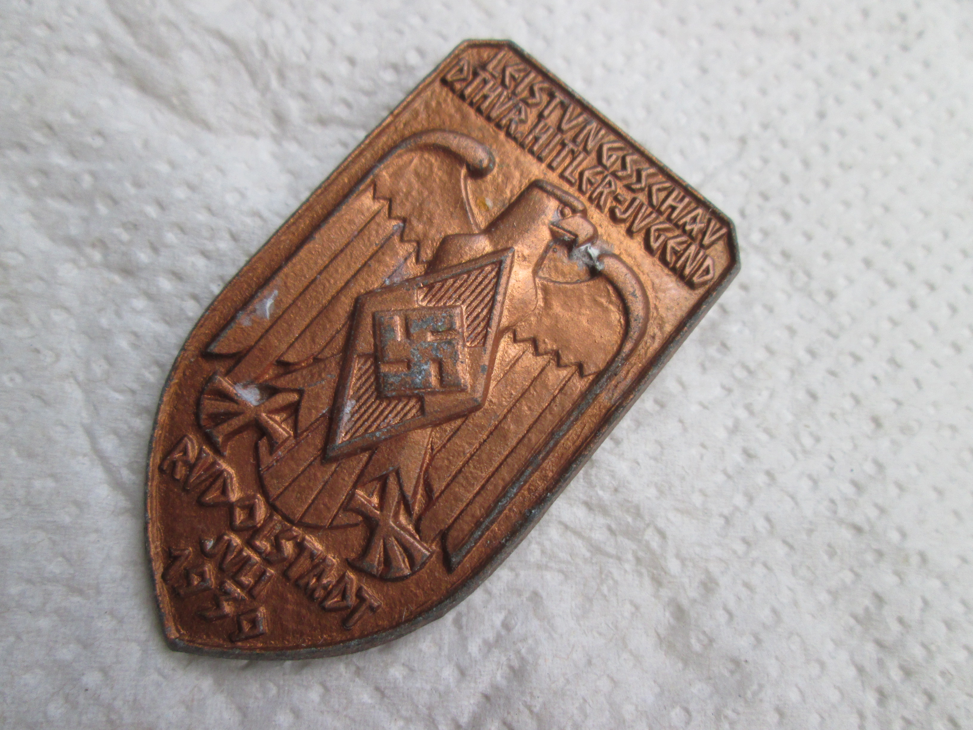 German tinnie, rally badge, Duitse tinnie HJ. Hitler- Jugend Leistungsschau Rudolstadt juli 1936 nicely marked