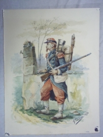 Water- coloured picture of a French soldier 1870-1871, signed A.DUBOUX 1898.Aquarel van een Franse soldaat Frans Duitse oorlog met complete bepakking, 28 bij 22 cm in lijst