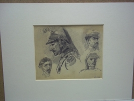 Pencil drawing of Otto von Faber du Faur. 1828- 1901,study of Military heads,Originele potloodtekening, kopstudie van soldaten, met prachtig getekende Franse Kurassier. TOP ingelijst met paspartout.