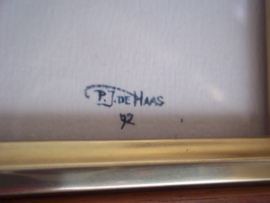 Aquarel officier van de Koninklijke marechaussee getekend door P.J. de Haas in 1992, mooi ingelijst TOP item.