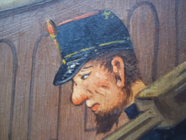 Geschilderd op paneel, mooi militair tafereel, Korporaal Waschhaus mobiliseert 1914.Nederlandse landwacht.