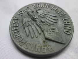 German tinnie, rally badge, Duitse tinnie, very very very never seen rare organisation HJ badge. Bannsportfest 1940 Bann Linz Land Hitler jugend Austria organisation badge. marked  F.Orth Wien. Zeer zeldzaam embleem massief stuk.