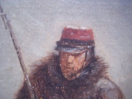 Painting oil on canvas, French soldier crimean war. little damage.Schilderij olie op doek Franse soldaat in winterkleding  op zijn post gesigneerd.kleine beschadiging